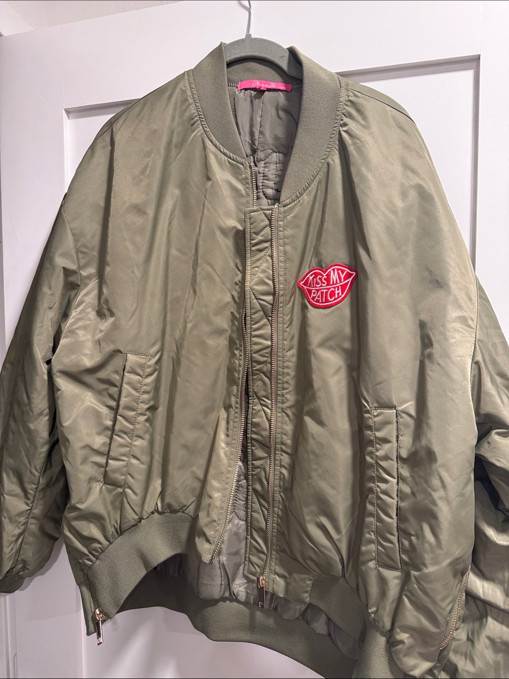 Olive Green Bomber Jacket with Red Lip Patch